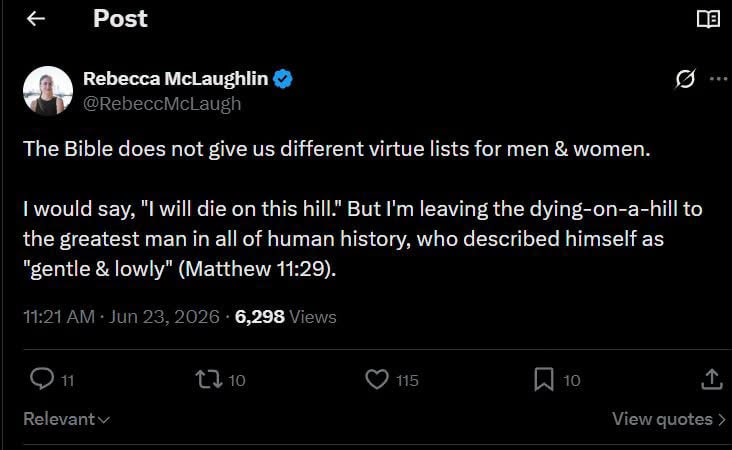 JMorrison2850's tweet photo. 1 Timothy 2:15, "Notwithstanding she shall be saved in childbearing, if they continue in faith and charity and holiness with sobriety."

Game, set, and match. "Saved" here is not in reference to one's justification, but in how sanctification will work itself out in women. While there is overlap in seeking to keep God's Law, how personal piety expresses itself in the particulars is determined by one's sex and station. To deny this is to ignore or misread huge swaths of Scripture and to assume an egalitarian frame of mind.