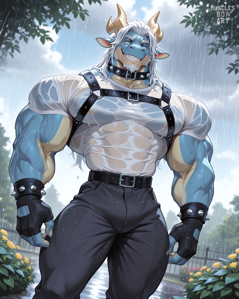 musclesboyart's tweet photo. Muscular #dragon, drenched in rain,
Wears a white shirt clinging tight.
Harness straps accentuate his form,
Sensual power, a sight to behold. 
Water droplets shimmer on his skin,
A seductive allure that draws within.
#InTheRain https://t.co/lUfOiclFra