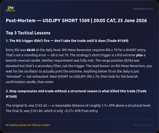kundycoos's tweet photo. $USDJPY — my first trade ever. It lost.

My own coach's post-mortem didn't say "unlucky." It said: 

I shorted at RSI 68, my rule needs 70 — I jumped my own trigger. 

Then trailed my stop on nerves till normal noise took me out.

A coach that tells the truth. @EdgeMateZW  👇 https://t.co/jjKpxgkgOQ