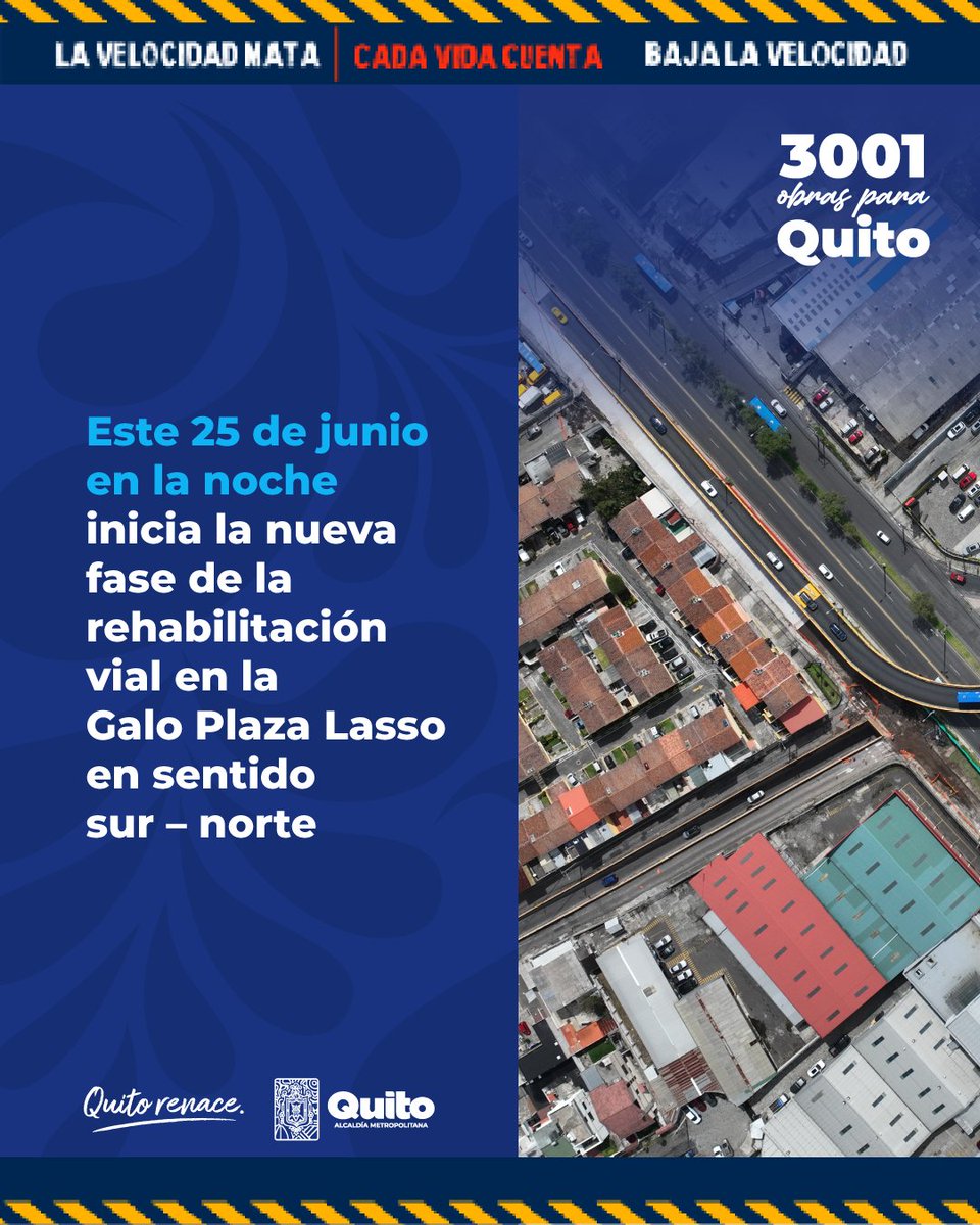 ObrasQuito's tweet photo. 🚧 #RehabilitaciónVial | ATENCIÓN 🚧

Desde la noche de este 25 de junio avanzamos con la intervención de la #AvGaloPlazaLasso (sentido sur-norte), entre las calles Manuel Zambrano y De Los Arupos.

Rutas alternas:

📌De Los Arupos
📌De Los Pinos
📌De los Eucaliptos
📌Nazacota Puento
📌Capitán Ramón Borja, entre otras.

⚠️ Planifica tu ruta⚠️

#QuitoRenace #QuitoNoSeDetiene