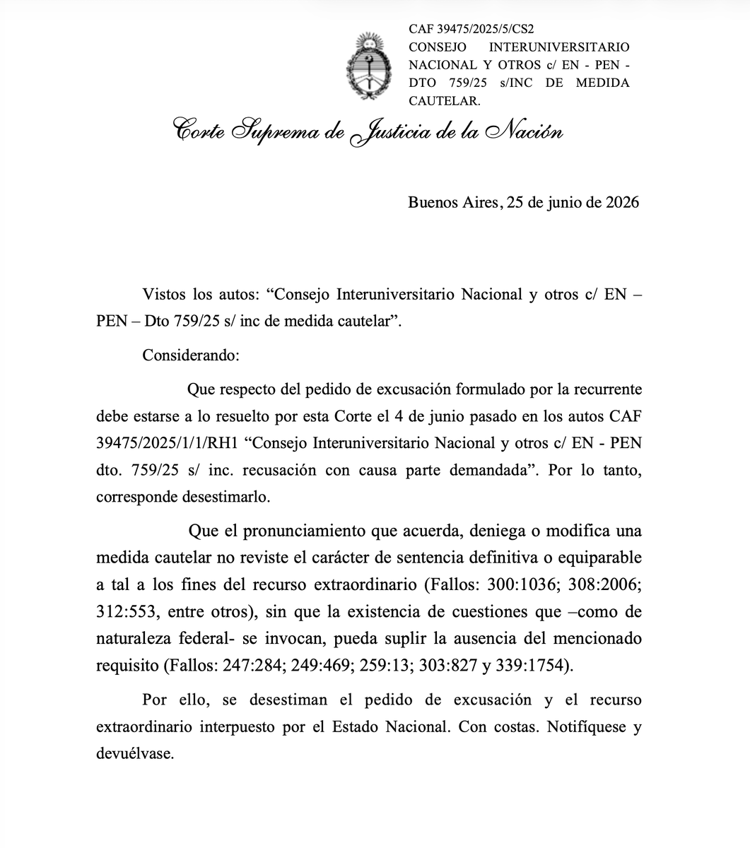 norabar's tweet photo. ‼️La Corte Suprema rechazó la apelación del gobierno y dejó firme la cautelar que lo obliga a aplicar la ley de financiamiento universitario 👇 https://t.co/1YmgaFiNgw