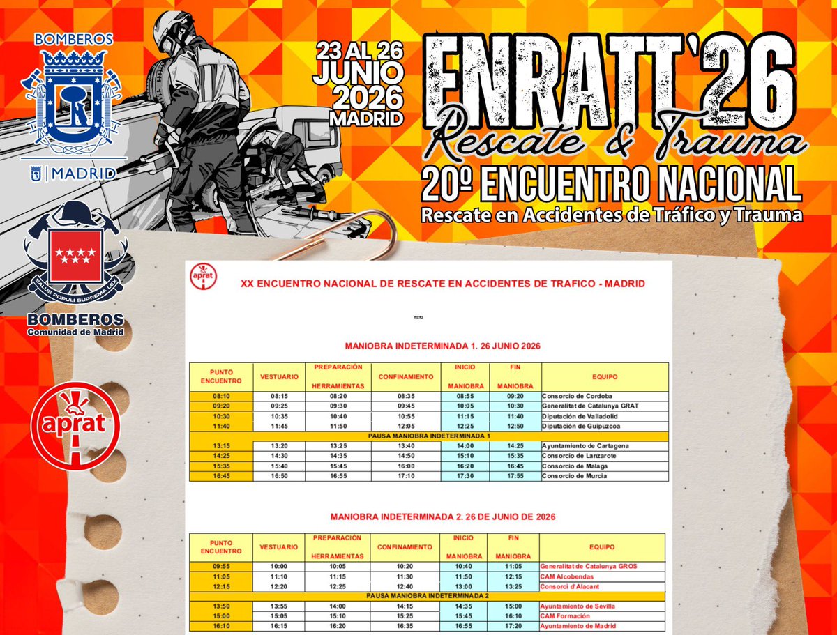 APRATSPAIN1's tweet photo. ¡Mañana encaramos el tercer día del #ENRATT26! 🚀
Conéctate desde temprano para seguir toda la competición en directo a través de YouTube. 📺👇🔥
Rescate: https://t.co/JeOBbEM13T
Trauma: https://t.co/J03qstC57f
#APRAT #Bomberos https://t.co/Z0sowCAHFu