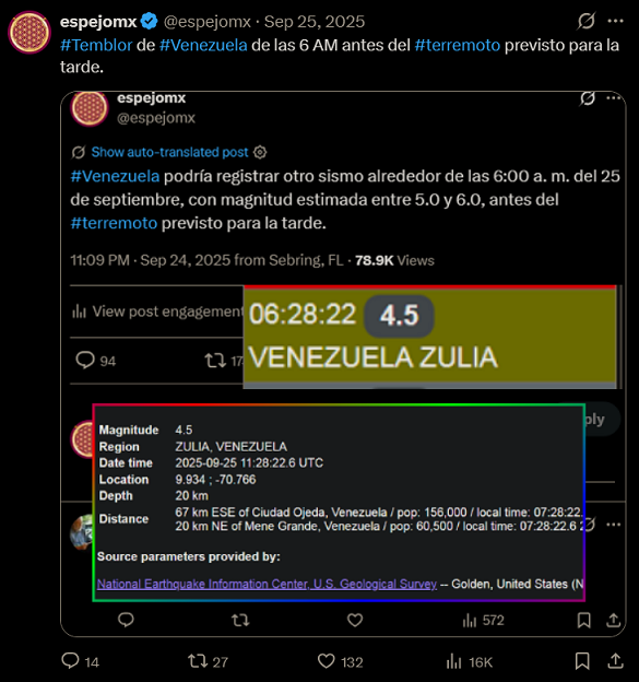 espejomx's tweet photo. Predije el sismo anterior en #Venezuela con precisión de minutos👇. Si en ese momento, en lugar de insultar y mirar a otro lado, hubieran prestado atención a mi método, el terremoto de ayer se habría podido predecir. Hoy, lamentablemente, Venezuela cuenta sus muertos por culpa de esa incredulidad. #Terremoto #Venezuela #Sismo