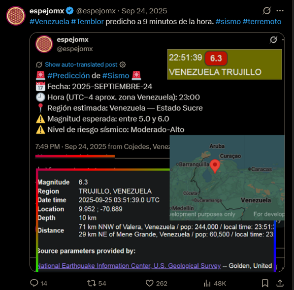 espejomx's tweet photo. Predije el sismo anterior en #Venezuela con precisión de minutos👇. Si en ese momento, en lugar de insultar y mirar a otro lado, hubieran prestado atención a mi método, el terremoto de ayer se habría podido predecir. Hoy, lamentablemente, Venezuela cuenta sus muertos por culpa de esa incredulidad. #Terremoto #Venezuela #Sismo
