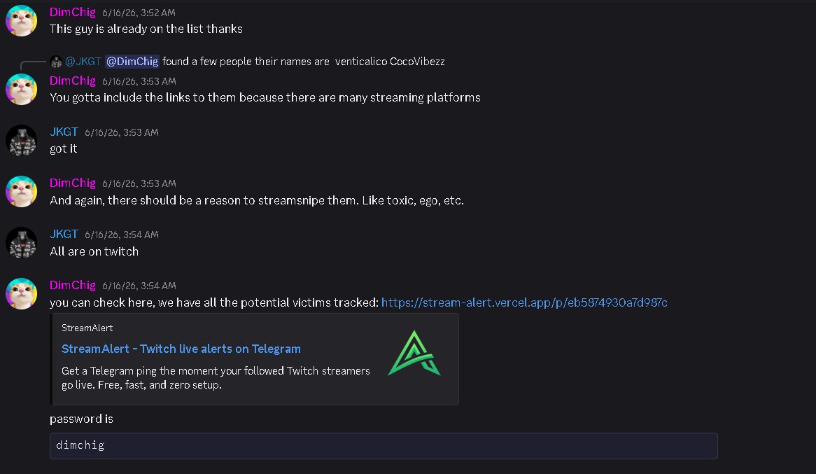 JuliusSkull's tweet photo. Hey @FortniteStatus @Hogman there is ongoing hardcore streamsniping going on towards a bunch of streamers by a person named DimChig and his discord community, also uses a 3rd party extension called StreamScope to determine what streamers are in his game. All proof below/replies https://t.co/hUUmI7XteC