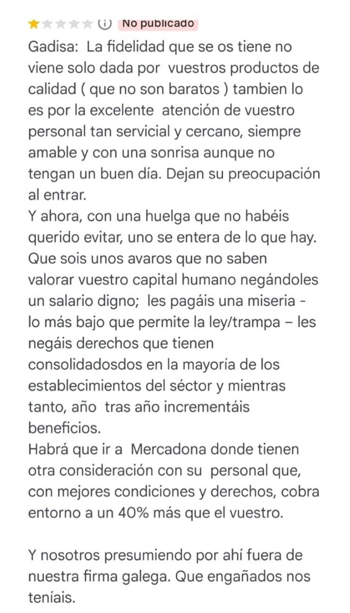 MenGranolleri's tweet photo. La clientela empieza a darse cuenta, como es @gadis 
Apoyasteis Altri, por beneficios propios de su dueño. Apoyáis a la @Xunta y os beneficiais de subvenciones, presumis de gallegos, con vuestros anuncios, pero maltratais a vuestros empleados, con sueldos bajos y convenio de 💩 https://t.co/v8Q1i2PnZH