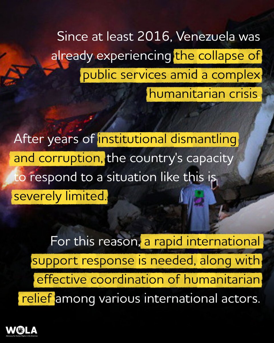 WOLA_org's tweet photo. 🚨🇻🇪 Two earthquakes struck Venezuela on June 24, killing at least 164 people and injuring nearly 1,000. This disaster is compounding a complex humanitarian emergency years in the making. International aid must flow freely to all affected communities. (1/2) https://t.co/QtZZi8SaM9