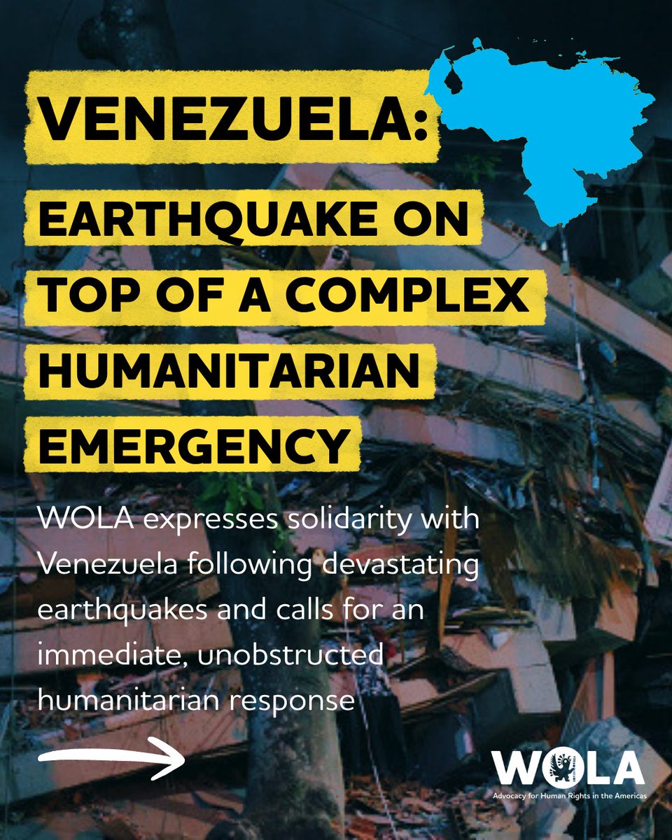 WOLA_org's tweet photo. 🚨🇻🇪 Two earthquakes struck Venezuela on June 24, killing at least 164 people and injuring nearly 1,000. This disaster is compounding a complex humanitarian emergency years in the making. International aid must flow freely to all affected communities. (1/2) https://t.co/QtZZi8SaM9
