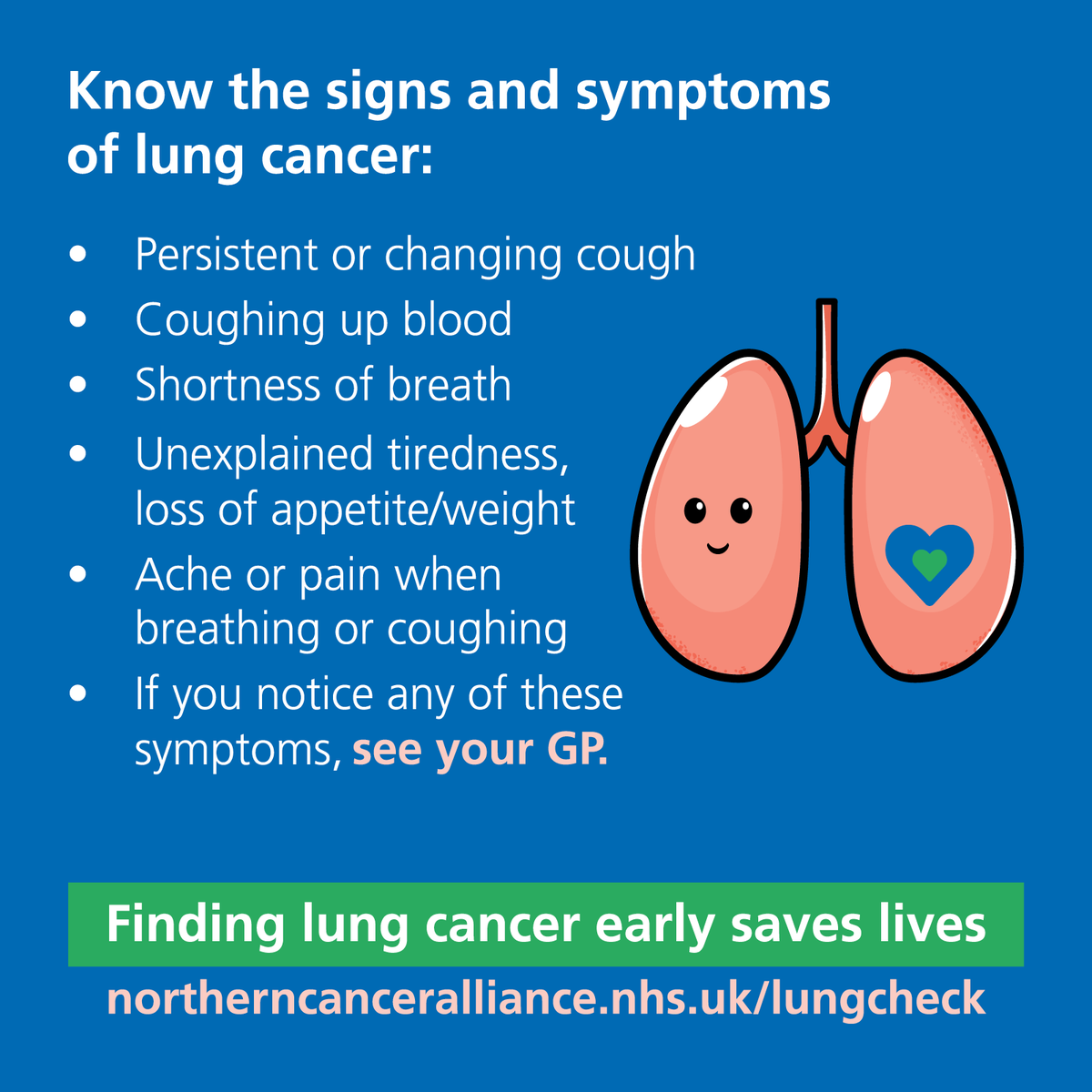 NorthernCancer's tweet photo. Do you know the signs and symptoms of lung cancer? If you're aged 55-74 and are a current or ex smoker, look after the health of your lungs and take up the offer of a lung health check when invited. Finding lung cancer early saves lives. #LungCancer https://t.co/bX9fsniPUX