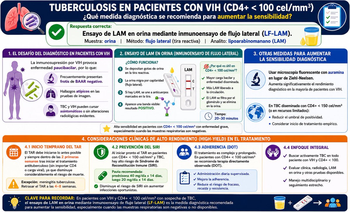 gabi_puchepalao's tweet photo. 🦠 La tuberculosis en pacientes con #VIH sigue siendo un importante reto diagnóstico.

⚠️TB y CD4 <100 cél/mm³➡️ ensayo de LAM en orina aumenta el rendimiento dx al detectar lipoarabinomanano, especialmente cuando el esputo es negativo por enfermedad paucibacilar. 🧪 https://t.co/tX67OQGiWH