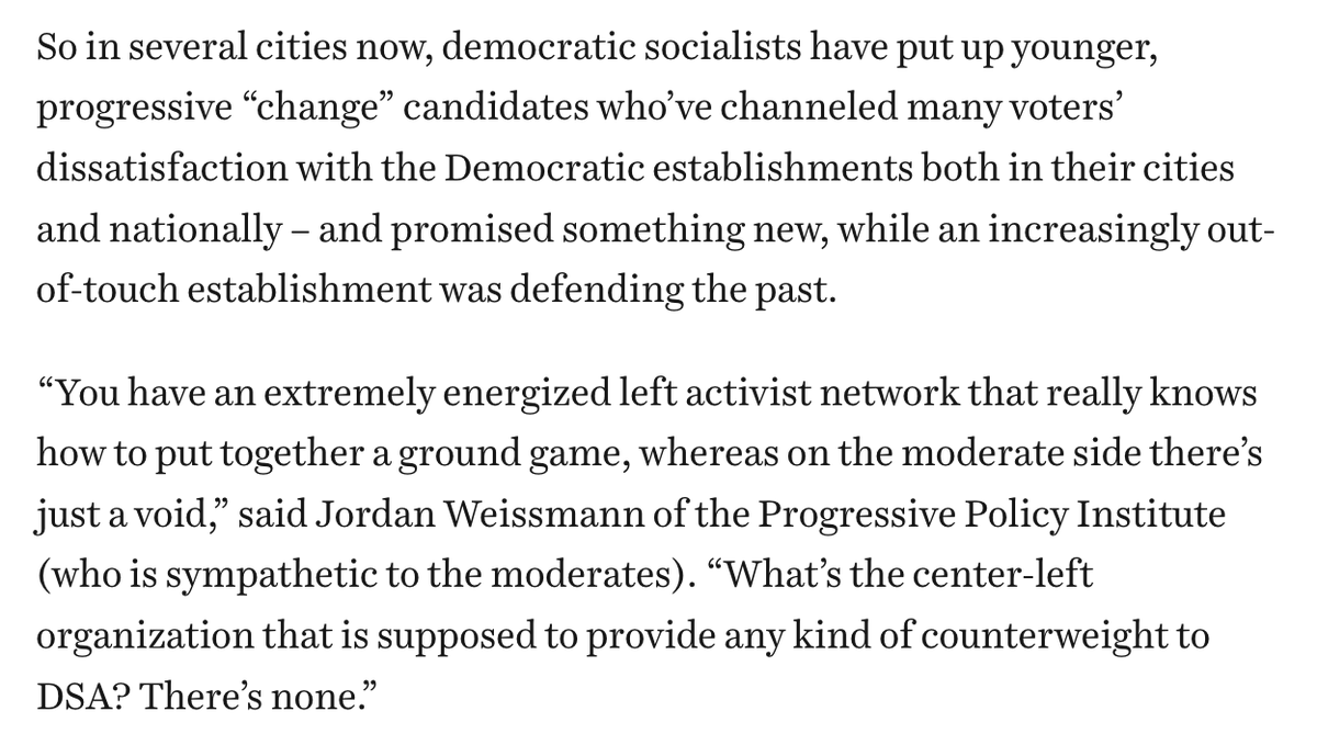 JHWeissmann's tweet photo. I'm quoted in this Vox piece about DSA's winning streak. The left basically has a permanent campaign, while we libs have none. That may have been tenable for us in cities when demographics and the national mood were in our favor, but it isn't anymore.  

https://t.co/aBortRWLwG https://t.co/G2HnVMgG98