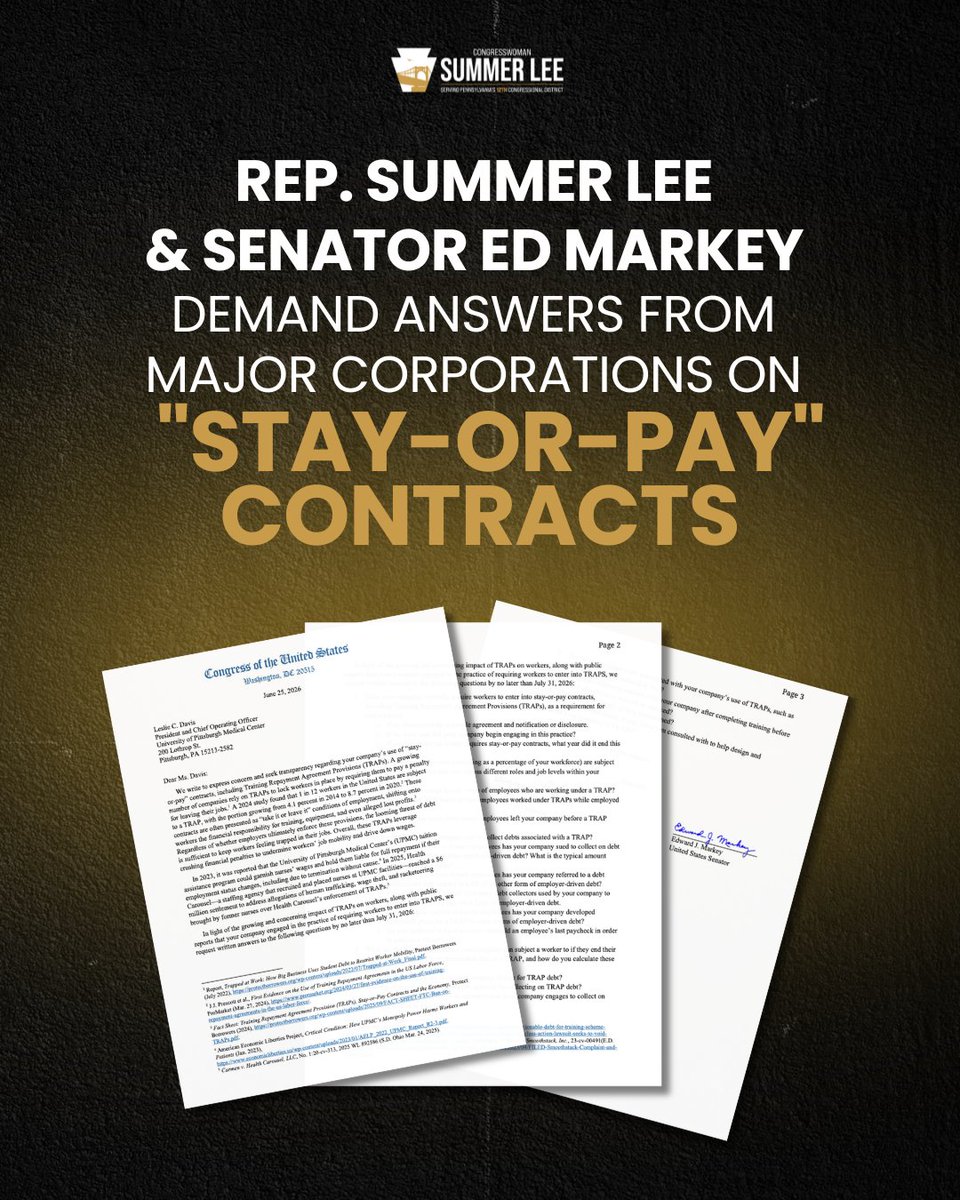 RepSummerLee's tweet photo. You shouldn't be in debt to your employer for leaving a job.
@SenMarkey and I are demanding answers from companies about their use of coercive stay-or-pay contracts that saddle workers with debt and restrict their freedom to leave. These anti-worker practices must end. https://t.co/gQZd2GaWiW