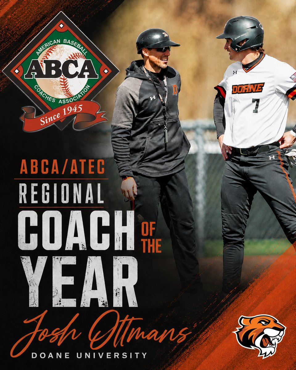 DoaneAthletics's tweet photo. Congrats to #DoaneBB Head Coach Josh Oltmans on being named the Regional Coach of the Year by the ABCA/ATEC in the NAIA. He led the Tigers to a record 47 wins this year and to the team's first trip to the NAIA World Series. https://t.co/4HViqdxuwi