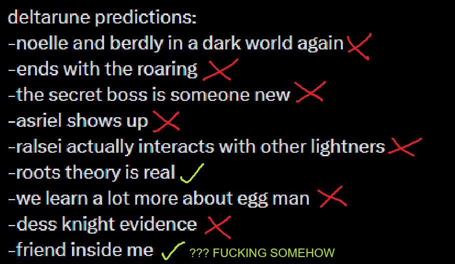 infadier's tweet photo. my deltarune predictions before chapter 4 were just brick after brick https://t.co/tBRNXtWz5w