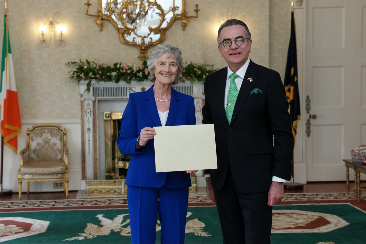 dfatirl's tweet photo. A warm welcome to Their Excellencies, the Ambassador of Turkmenistan, the Ambassador of the Republic of Paraguay, the Ambassador of the Oriental Republic of Uruguay, and the Ambassador of the Kingdom of Thailand who presented their Letters of Credence to President Connolly today. https://t.co/h293indo7n
