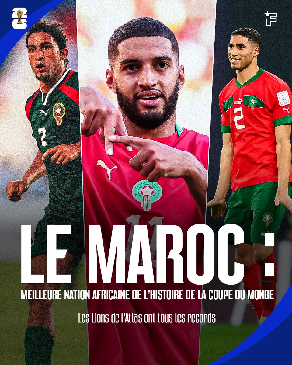 footmercato's tweet photo. Sommes-nous tous d'accord pour dire que le Maroc est la meilleure nation africaine de l'histoire en Coupe du monde ? 🇲🇦🌍

Nations africaines avec le plus de buts inscrits en Coupe du monde :
🇲🇦 𝗠𝗔𝗥𝗢𝗖 – 𝟮𝟲 𝗕𝗨𝗧𝗦
🇳🇬 Nigeria – 23
🇨🇲 Cameroun – 22

Nations africaines avec le plus de victoires en Coupe du monde :
🇲🇦 𝗠𝗔𝗥𝗢𝗖 – 𝟳 𝘃𝗶𝗰𝘁𝗼𝗶𝗿𝗲𝘀
🇬🇭 Ghana – 6
🇳🇬 Nigeria – 6

Record du nombre de points marqués par une 
nation africaine en Coupe du monde :
🇲🇦 𝗠𝗔𝗥𝗢𝗖 – 𝟳 𝗽𝗼𝗶𝗻𝘁𝘀 (2022 & 2026)

Et surtout, première nation africaine de l’histoire à
atteindre les demi-finales de Coupe du monde :
🇲🇦 𝗠𝗔𝗥𝗢𝗖 – 𝟮𝟬𝟮𝟮

Peut-être qu'elle deviendra aussi la première nation africaine à remporter la Coupe du monde, qui sait. 👀🏆