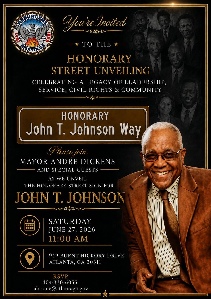 atlcouncil's tweet photo. “J.T. Johnson stood firmly for civil rights, human dignity, and justice when it mattered most. Today, we honor a legacy that continues to move Atlanta toward a more equal and hopeful future.” — Councilmember @AndreaBooneNow 

Join us for the honorary street sign unveiling celebrating Civil Rights icon John T. Johnson.

📅 Sat., June 27
🕚 11 a.m.
📍 949 Burnt Hickory Drive