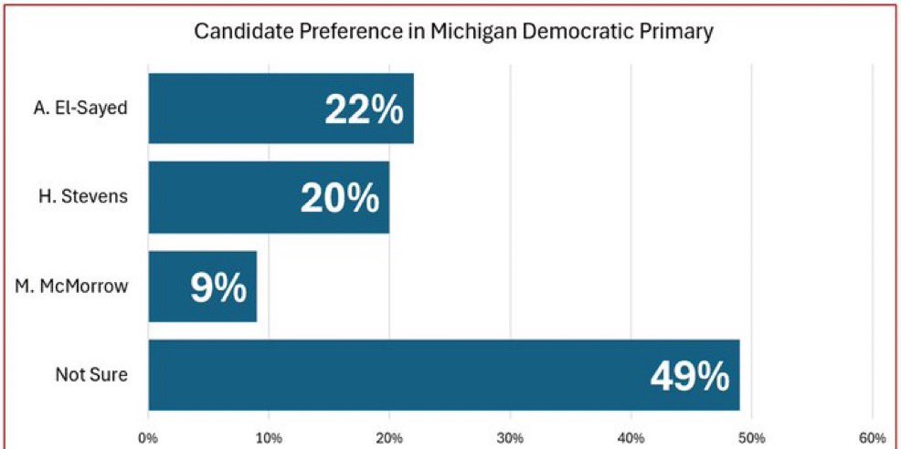 PollTracker2024's tweet photo. Susquehanna poll | 6/9-6/14 LV

US Senate Michigan Democratic primary 2026

🟦Abdul El-Sayed 22%
🟦Haley Stevens 20%
🟦Mallory McMorrow 9%
Not sure 49% https://t.co/ZMP2R9ua8v
