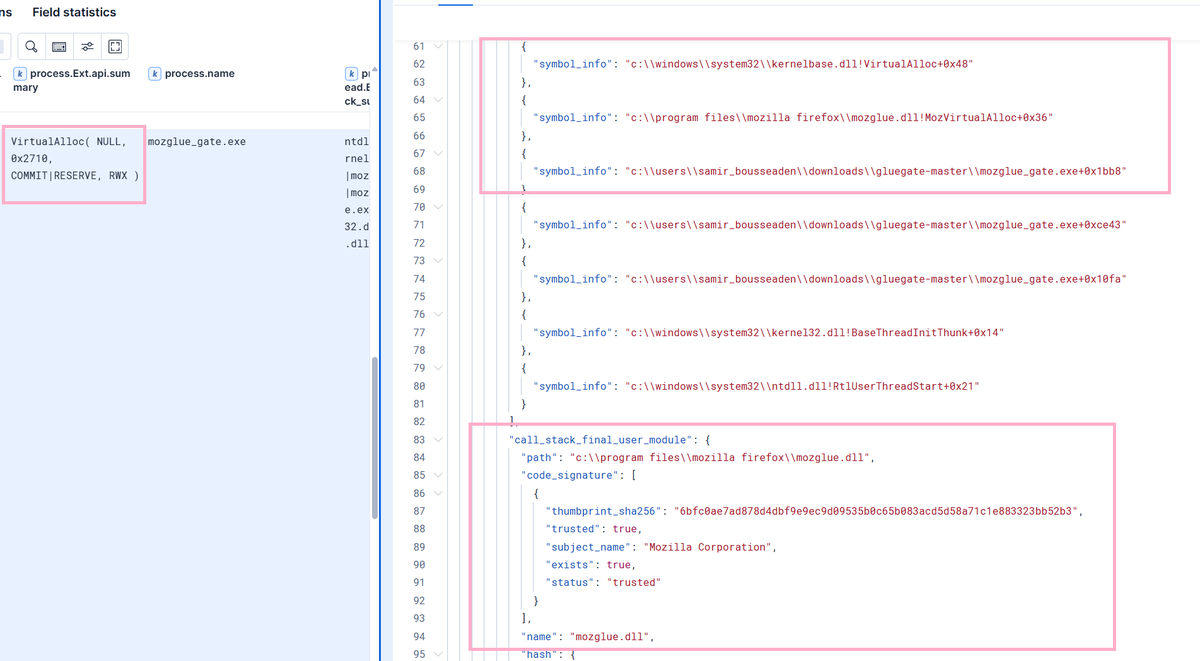 SBousseaden's tweet photo. gluegate - proxy memory allocation APIs through Firefox's signed mozglue.dll (MapRemoteViewOfFile, MozVirtualAlloc).

Benifit: make the final allocating module appear as a trusted Firefox component, which some detection logic may exclude to reduce false positives.

PoC + detection guidance:
 https://t.co/wjglBCCY9P