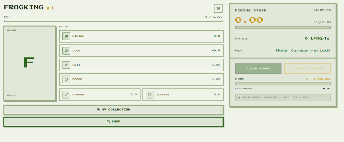 luckyfrog_sol's tweet photo. 👷 Development Update

One step at a time.

The core player dashboard for Lucky Frog Mine is taking shape.

🐸 Frog stats
⛏️ Mining stash
💰 Claim rewards
📦 Collection
🛒 Shop

Still early.
Still building.

🌐 https://t.co/NgecBhNXvc

$LFRG 🍀

#Solana #Memecoin #LFRG https://t.co/K0ijWAB7qh