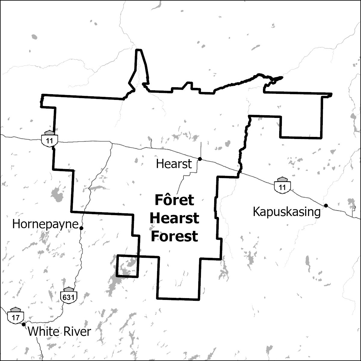 Map of the Hearst Forest including markers for municipalities and highways