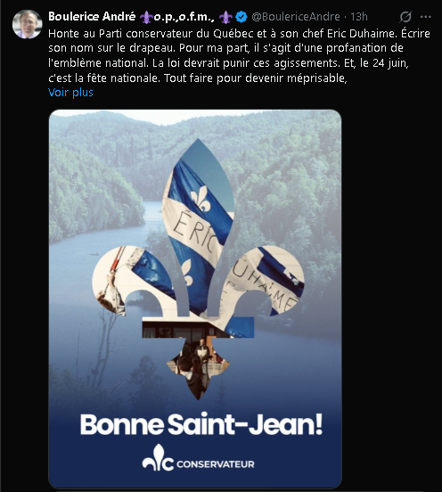 LeBlondModere's tweet photo. Quand on s’énerve davantage pour le tissu d’un drapeau — souvent en lambeaux sur la moitié des édifices publics — que pour l’effilochage du tissu social, la perte de pouvoir d’achat et la fiscalité qui écrase le monde ordinaire, on a déjà un sérieux problème.

Quand, en plus, on préfère se perdre dans la romance de la langue plutôt que de parler sérieusement de l’avenir des prochaines générations, ce n’est plus du patriotisme, c’est de la décoration identitaire.

À ce rythme-là, le Québec ne se perd pas demain. Il se perd sous nos yeux.

M.Boulerice, profitez de votre retraite, un peu, là, et lâcher X.
