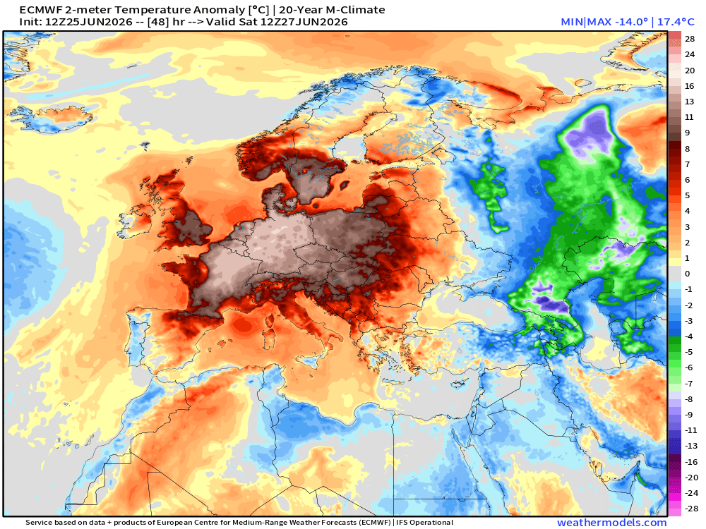 RyanWeather's tweet photo. The worst heat dome in almost 500-years is bringing Europe to its knees with widespread 100°F temperatures &amp; worsens into the weekend for Germany, Poland and Ukraine. 

Most European🇪🇺 population does not have access to air conditioning or can't afford it = "cooling inequality" https://t.co/4Pnuav0nT5