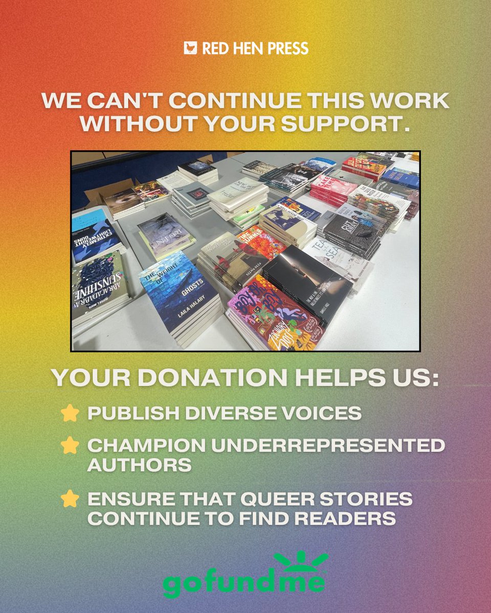 RedHenPress's tweet photo. QUEER LITERATURE MATTERS BECAUSE REPRESENTATION MATTERS 🗣️LGBTQIA+ voices are facing challenges. That is where independent publishers like Red Hen Press are vital. We can't continue this work without your support
📣 Keep spreading our mission
♥️ Donate https://t.co/AMm9D3yQae https://t.co/SfLB5Cg0wS