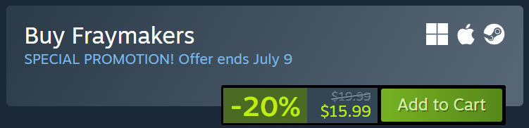 FraymakersGame's tweet photo. Fraymakers is 20% off for the Steam Summer Sale! Pick it up before the 9th or shamefully lose 4 dollars. https://t.co/eeRkpngDef