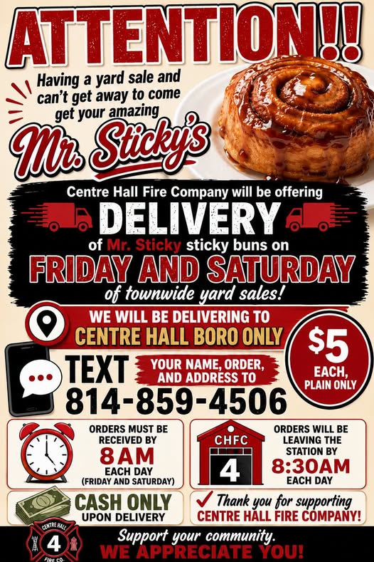 mr_stickys's tweet photo. Get your buns delivered Centre Hall Boro!  #MrStickys #stickybuns #CentreHall #yardsale https://t.co/HjMlNUWWBN