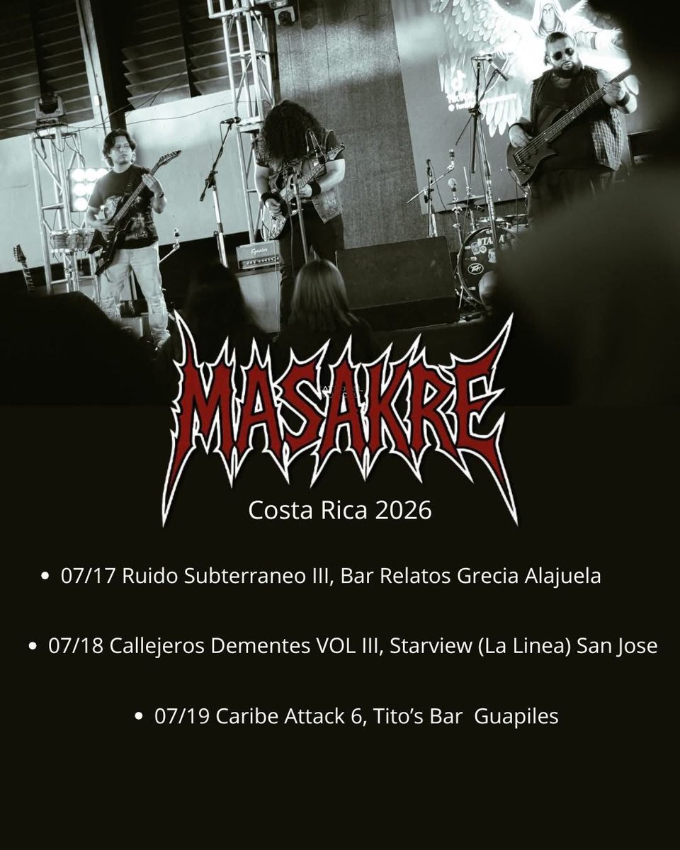 CatedralMusical's tweet photo. 😎 Masakre se va de Gira a Costa Rica 🤘

El metal nica llega con todo a CR, no te pierdas las fechas de la banda, compartí y pasa la voz! lml

🔗 Si queres conocer más sobre la banda: https://t.co/bs2azxzWWw

#catedralmusical #YoApoyoLaMusicaNica #Nicaragua #CostaRica https://t.co/ItkjmApmCW
