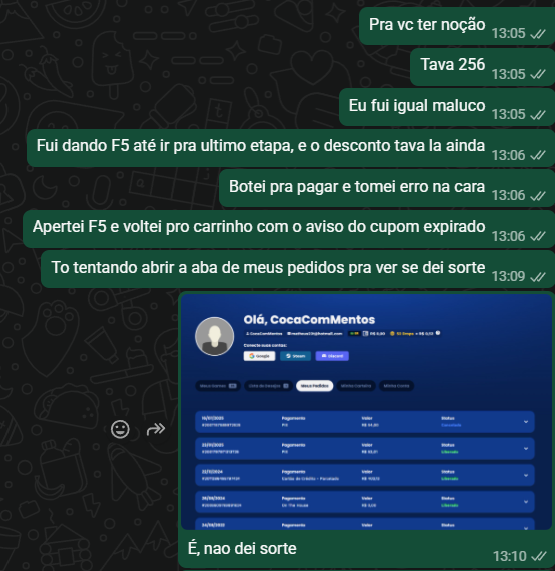 math_oliviero's tweet photo. @nuuvem Não consegui printar o momento mas está aqui o meu relato no momento das tentativas, cheguei na última etapa e quando cliquei pra confirmar o pix de erro e voltou pro carrinho com o cupom inválido, sou comprador de vocês tem anos já, que vacilo https://t.co/UWYtxq3z8J