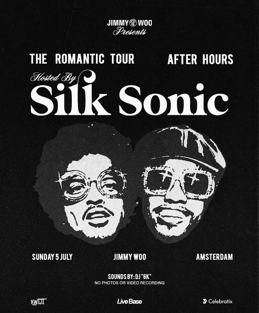 meuolharbm_'s tweet photo. VAI TER AFTER COM SILK SONIC EM AMSTERDAM! 🪩✨

Por apenas uma noite, Bruno Mars e Anderson .Paak trazem o Silk Sonic ao Jimmy Woo para a festa oficial após o show da turnê The Romantic Tour!

Domingo, 5 de julho, está previsto para ser a maior e mais exclusiva noite que já realizamos.

Ingressos extremamente limitados. 

Política rigorosa de proibição de celulares e gravações durante toda a noite.

#silksonic
#brunomars
#theromantic
#theromanticworldtour