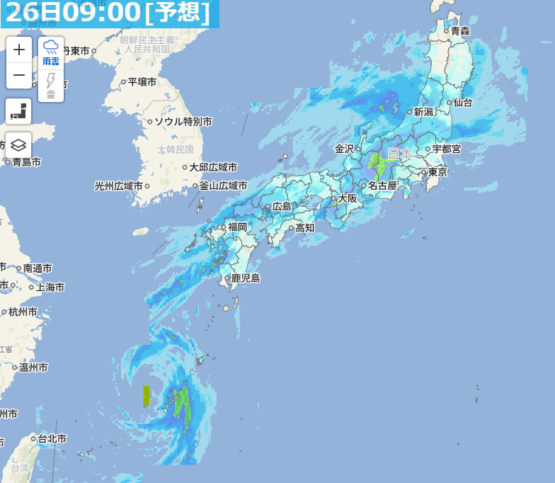 takeru820515's tweet photo. 【台風情報🚨】
googleマップによる進路予想
26日3:40現在の雨雲情報
26日9:00の雨雲予測
27日9時の予測天気図

台風7号
中心気圧：985hPa
最大風速：中心付近で30m/s
最大瞬間風速：40m/s

台風8号
中心気圧：998hPa
最大風速：中心付近で23m/s
最大瞬間風速：35m/s

8号は26日一旦熱帯低気圧に変わる https://t.co/5OAaKv4Wgm