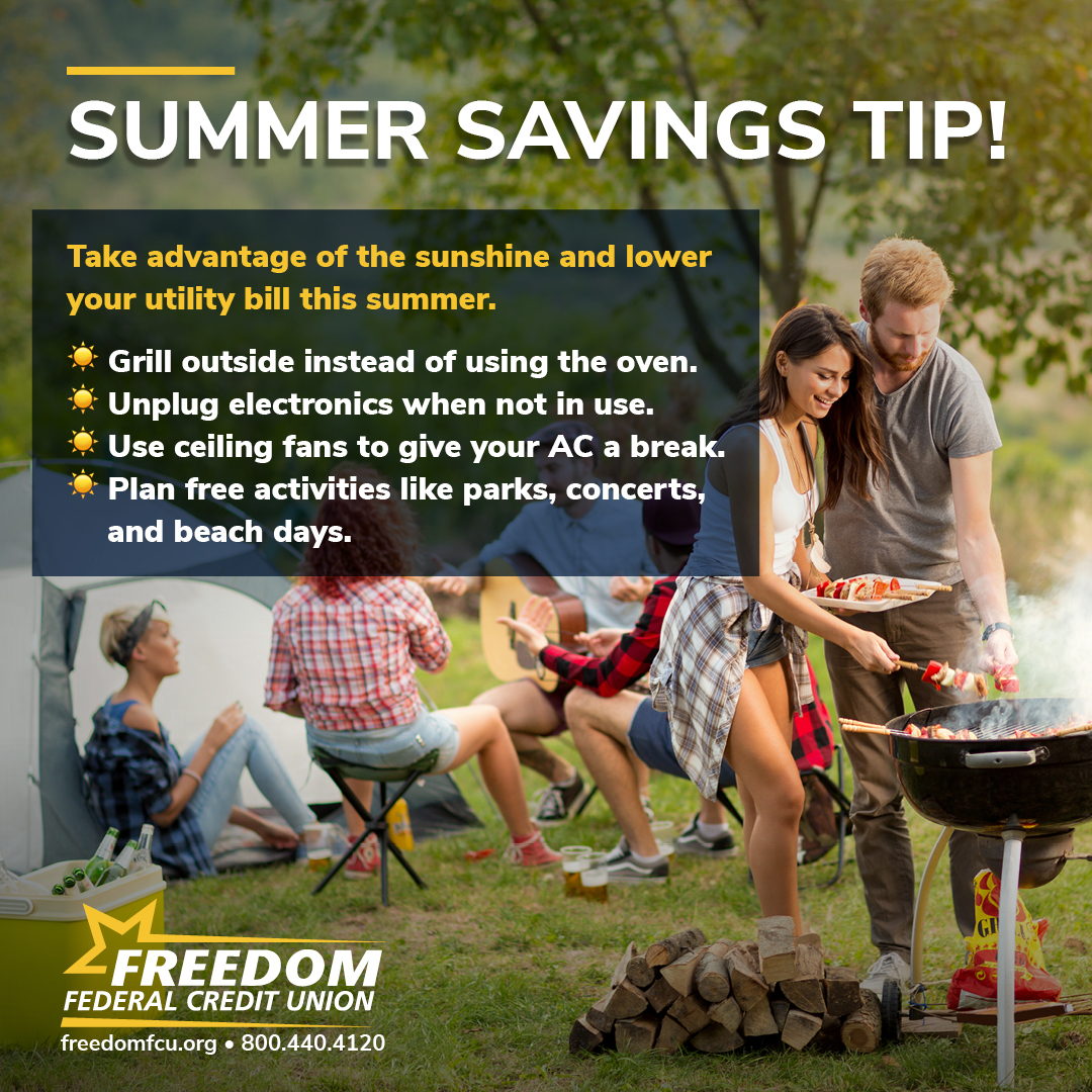 FreedomFedCU's tweet photo. Summer Savings Tip!

☀ Grill outside instead of using the oven
☀ Unplug electronics when not in use
☀ Use ceiling fans to give your AC a break
☀ Plan free activities like parks, concerts, and beach days

Small changes can lead to big savings!

#SummerSavings #FinancialTips https://t.co/zkFLe188d3