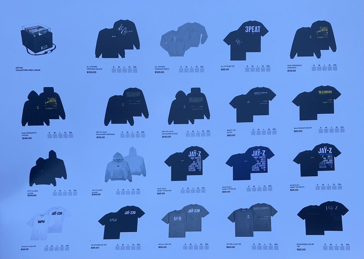 whoisoriginel's tweet photo. Jay-Z’s Pop Up Merch Prices (yes, there’s a lot, zoom in) #JayZ30 #JayZ https://t.co/YgYXjjZrYx