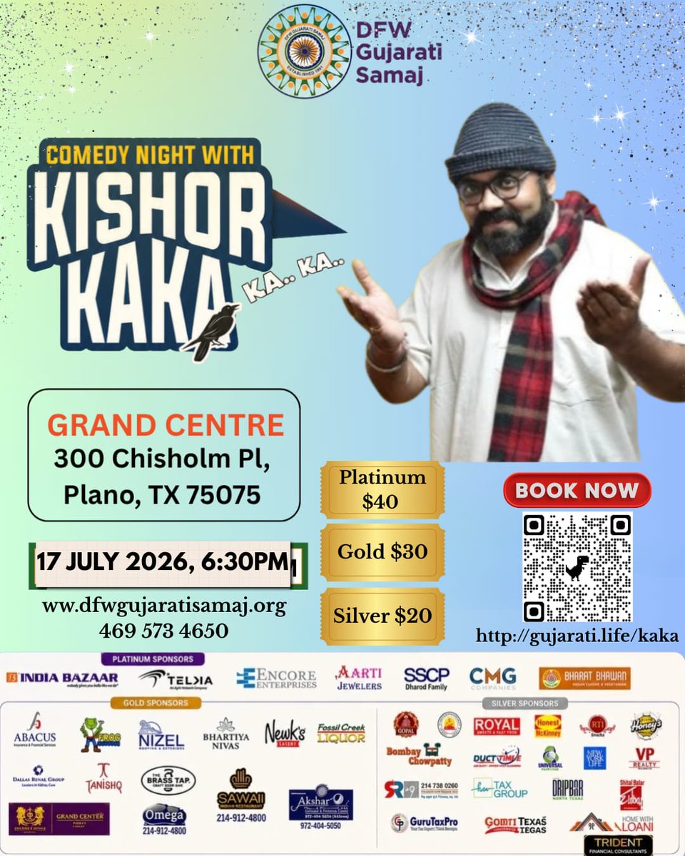 DFWGujSamaj's tweet photo. 🎭 Comedy Night with Kishor Kaka 🎭

📅 Friday, July 17, 2026
🕡 Time: 6:30 PM
📍 Venue: Grand Centre, 300 Chisholm Pl, Plano, TX 75075

🎫 Book Your Tickets:
🔗 https://t.co/WwgTudlMUg
🙏 Please support our Food Drive by donating here:
https://t.co/XsN6fOJBlk

#DFWGujaratiSamaj #KishorKaka #GujaratiComedy #PlanoTX #GujaratiCommunity #ComedyNight #DFWEvents