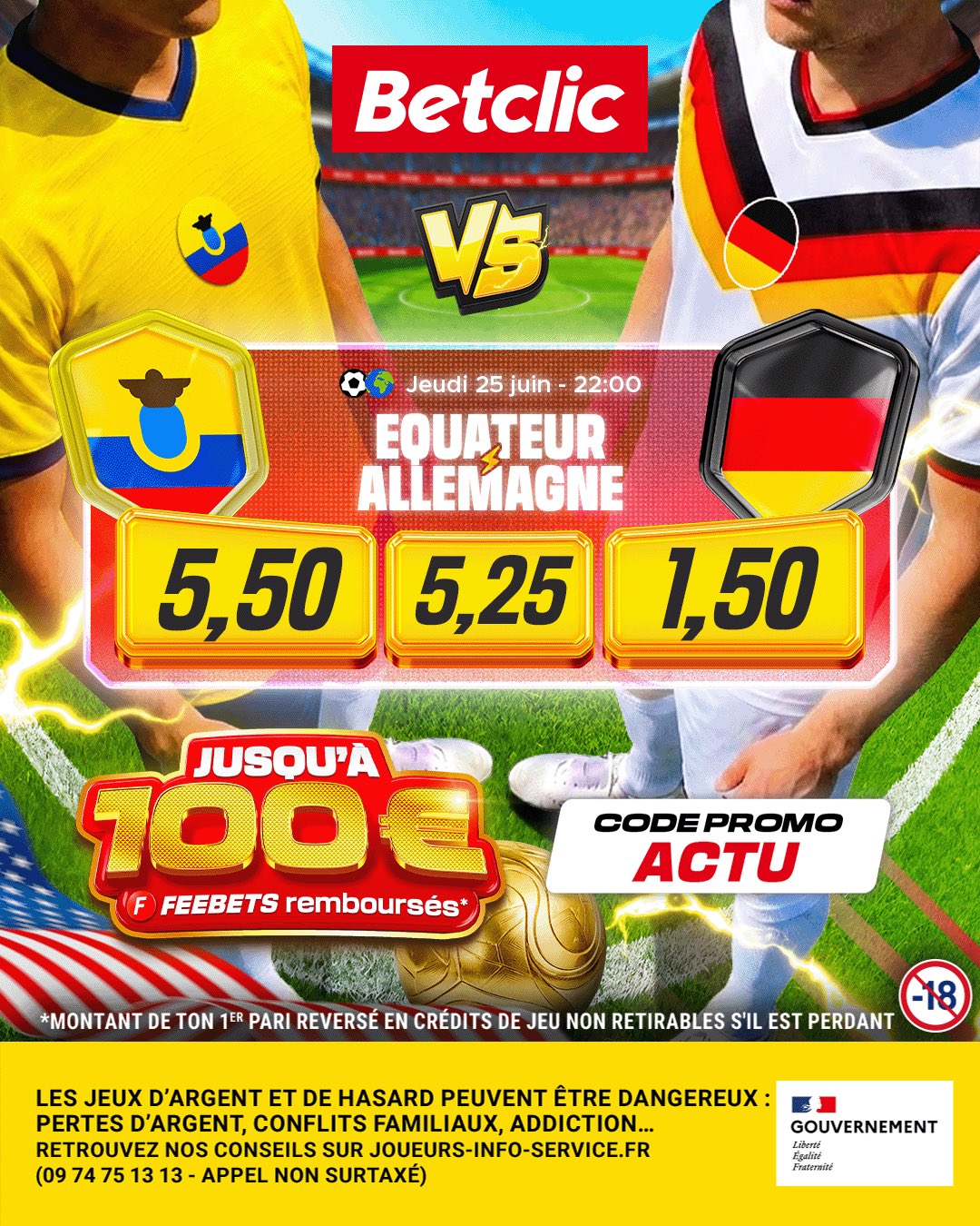 Les cotes @Betclic de ÉQUATEUR 🇪🇨 - 🇩🇪 ALLEMAGNE. ⚡️

Jusqu’à 100€ rem...