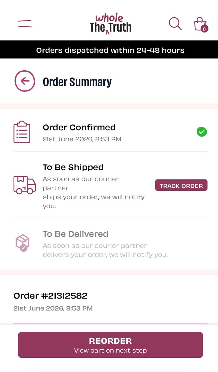 harshabala's tweet photo. @wholetruthfood Order #21312582 from 2Ist June 2026, 8:53 PM, yet to receive an update on the order the website just shows this pls check https://t.co/Q6MHk9kAKa