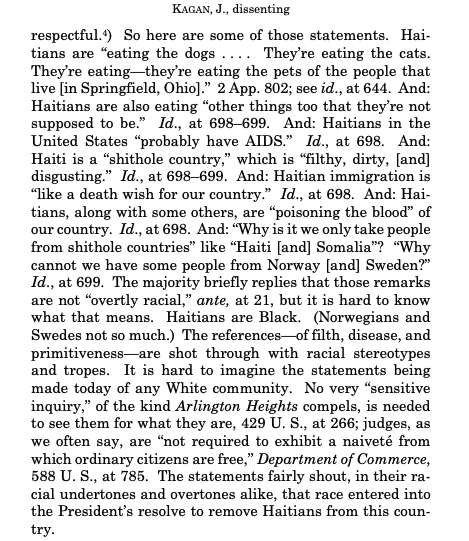 lawrencehurley's tweet photo. After noting that the Supreme Court majority seemed oddly reluctant to include any examples of Trump's "repellent and racially inflected" statements about Haiti in its TPS ruling that downplayed them, Justice Kagan provided some receipts: https://t.co/Vnxgk6df25
