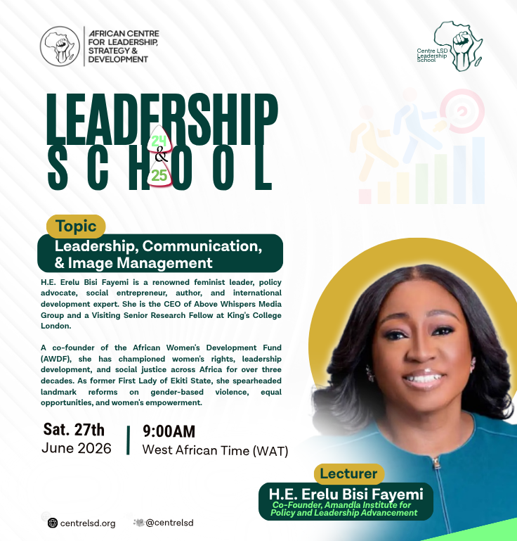 centrelsd's tweet photo. What does it take to lead with purpose and impact?

This Saturday, the #CentreLSD #LeadershipSchool hosts two inspiring leaders:
- H.E. Erelu Bisi Fayemi
- Mrs. Eugenia Abu

Get ready for powerful insights on leadership, influence, communication, and social change.
 #Set24 #Set25 https://t.co/8HO8hrvcUF