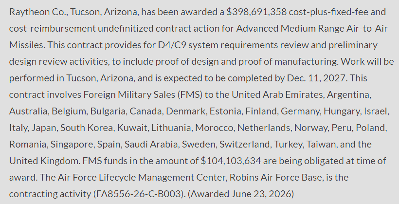WeaponScientist's tweet photo. "This contract provides for [AIM-120]C9/D4 system requirements review and preliminary design review activities, to include proof of design and proof of manufacturing." https://t.co/alHk1jKV0M