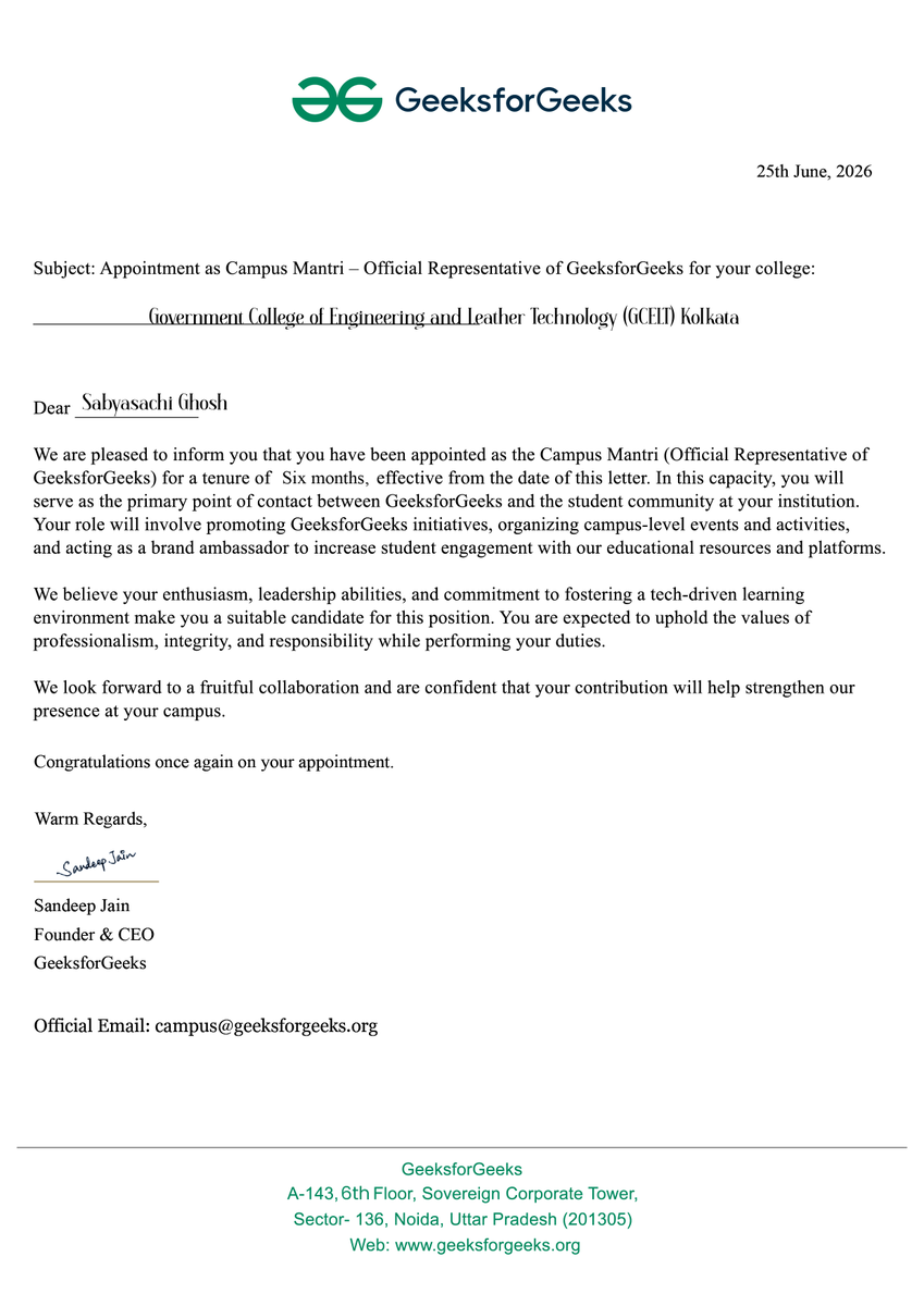 GhoshGuy's tweet photo. I’ve been appointed as the Campus Mantrifor @geeksforgeeks at GCELT, Kolkata!

Looking forward to building a strong tech &amp; coding community on campus over the next 6 months.

Thank you @sandeep_jain sir and the entire GfG team for the opportunity.

#GeeksforGeeks #CampusMantri https://t.co/RNMOu9P16n