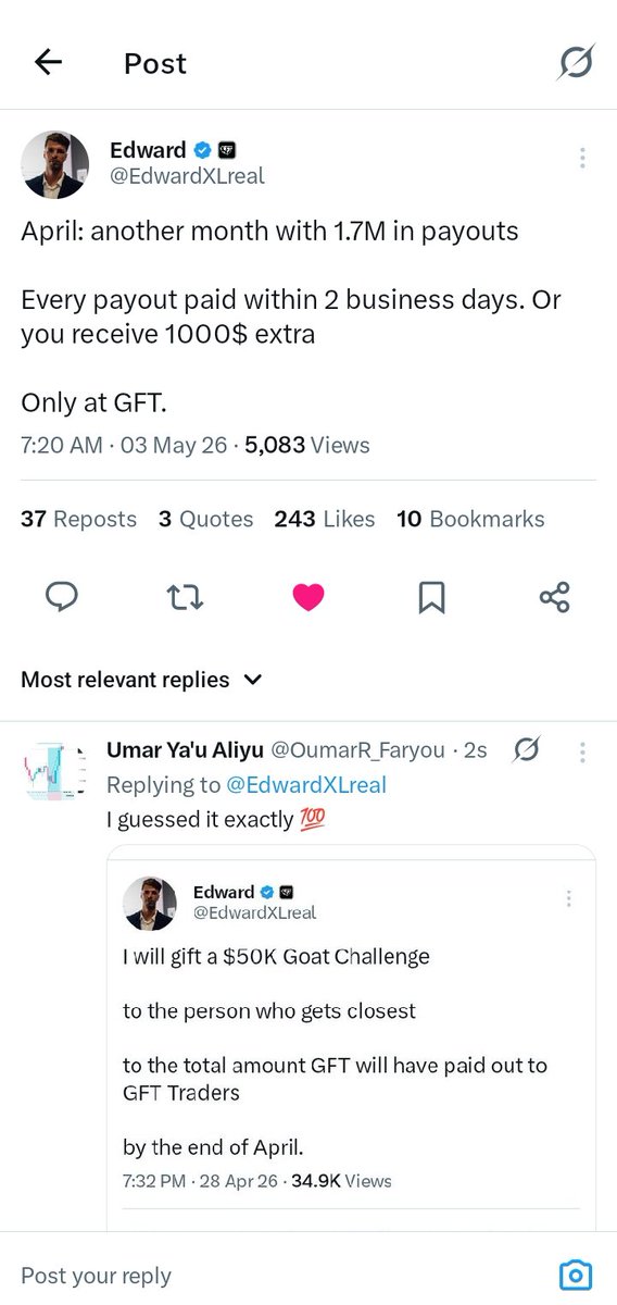 OumarR_Faryou's tweet photo. Day 1 of reminding @GoatFunded CEO sir. @EdwardXLreal about the account I won about 2 months ago. 

Hope the message will reach you sir. https://t.co/6RktlkBmfz