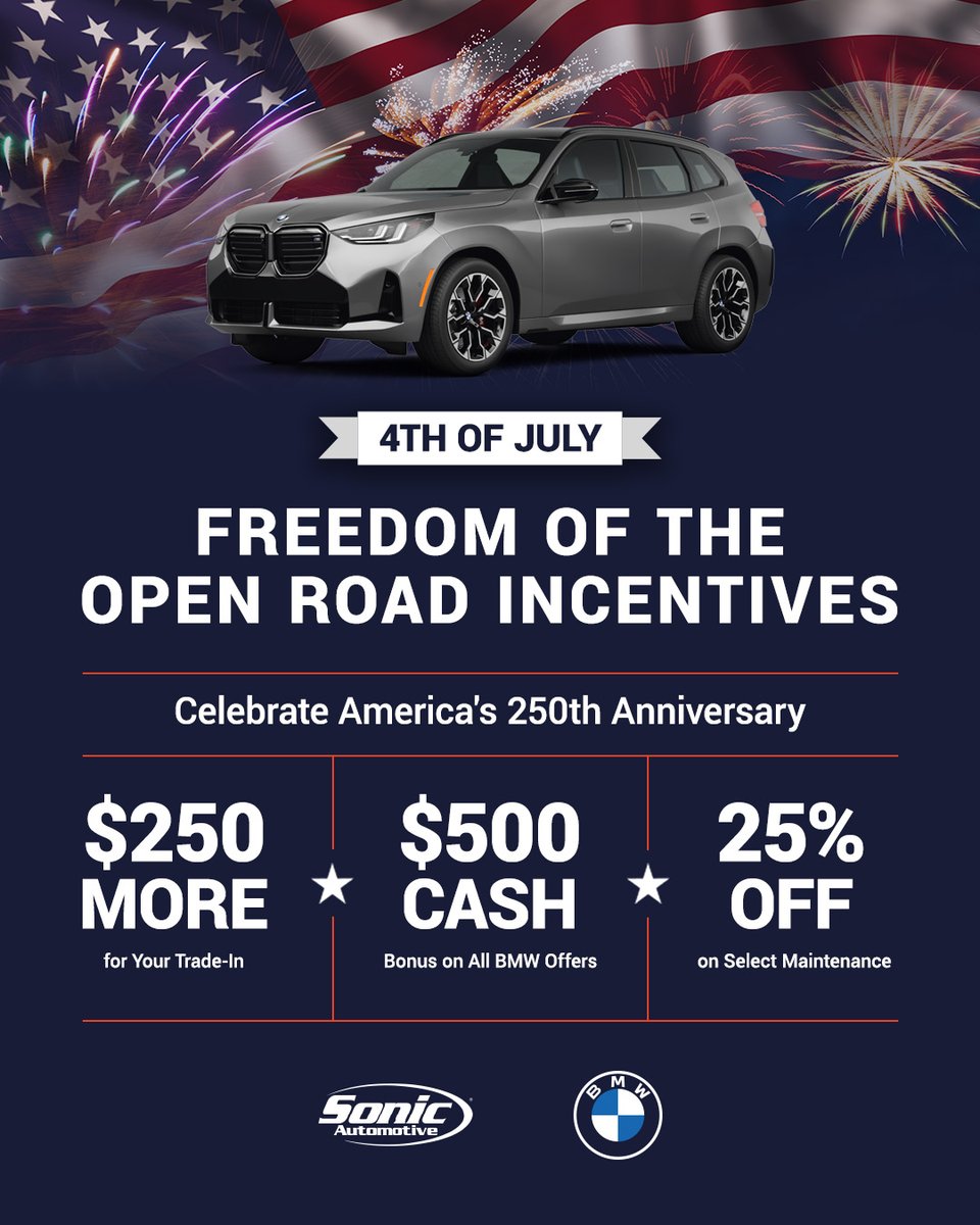 BMW_West's tweet photo. Celebrate 250 years of American spirit with our Freedom of the Open Road Incentives! 🇺🇸
Get $250 more for your trade, a $500 cash bonus on all BMW offers, and 25% off select maintenance.
*See dealer for details.

https://t.co/GPwTGZlnEg https://t.co/BlGFc9FmFq