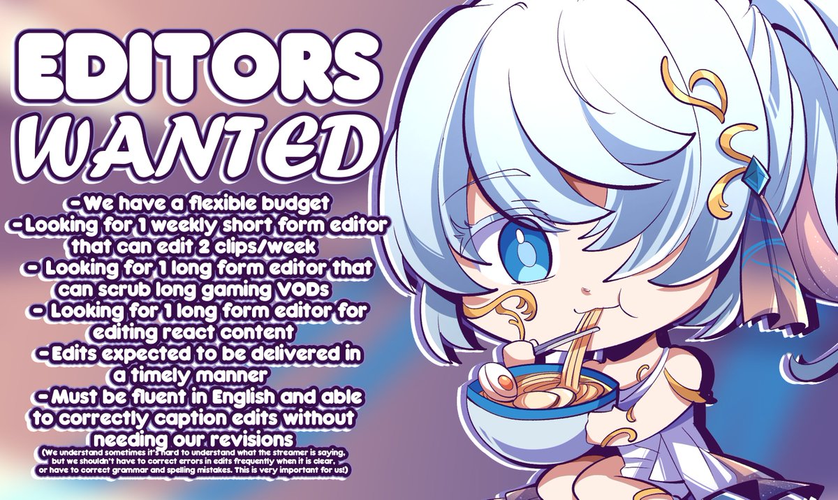 sayusyn's tweet photo. 【 🎬 EDITORS WANTED 🎬 】

Do you enjoy Sayu content? Have knowledge in video editing? Well, you might be just who we are looking for!

I'm looking for a few editors who can deliver consistent work over a long term partnership. If you're interested, please apply here: https://t.co/BLxrzB9htH