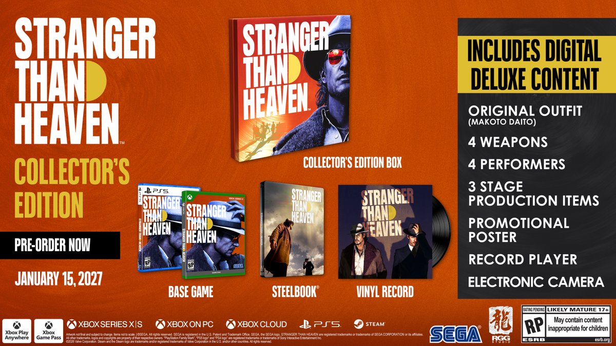 STH_Game's tweet photo. Pre-order the STRANGER THAN HEAVEN Collector's Edition today and play on January 15th, 2027!

Collector's Edition includes:
✔STRANGER THAN HEAVEN Physical Disc Base Game (Xbox Series X|S or PlayStation 5)
✔Exclusive SteelBook Case
✔Exclusive 12-Inch Vinyl Record
✔Exclusive Collector’s Edition Box
✔Deluxe Upgrade DLC Code
✔In-game weapon “Dosu: Kagekiri” Pre-Order Bonus Code

An exclusive 12-inch vinyl record featuring the main theme “STRANGER THAN HEAVEN” along with other standout tracks from the game, an exclusive SteelBook case, physical disc copy of the base game (Xbox Series X|S or PlayStation 5), plus Deluxe Upgrade and Pre-Order Bonus DLC codes are all included in the premium box featuring exclusive art.