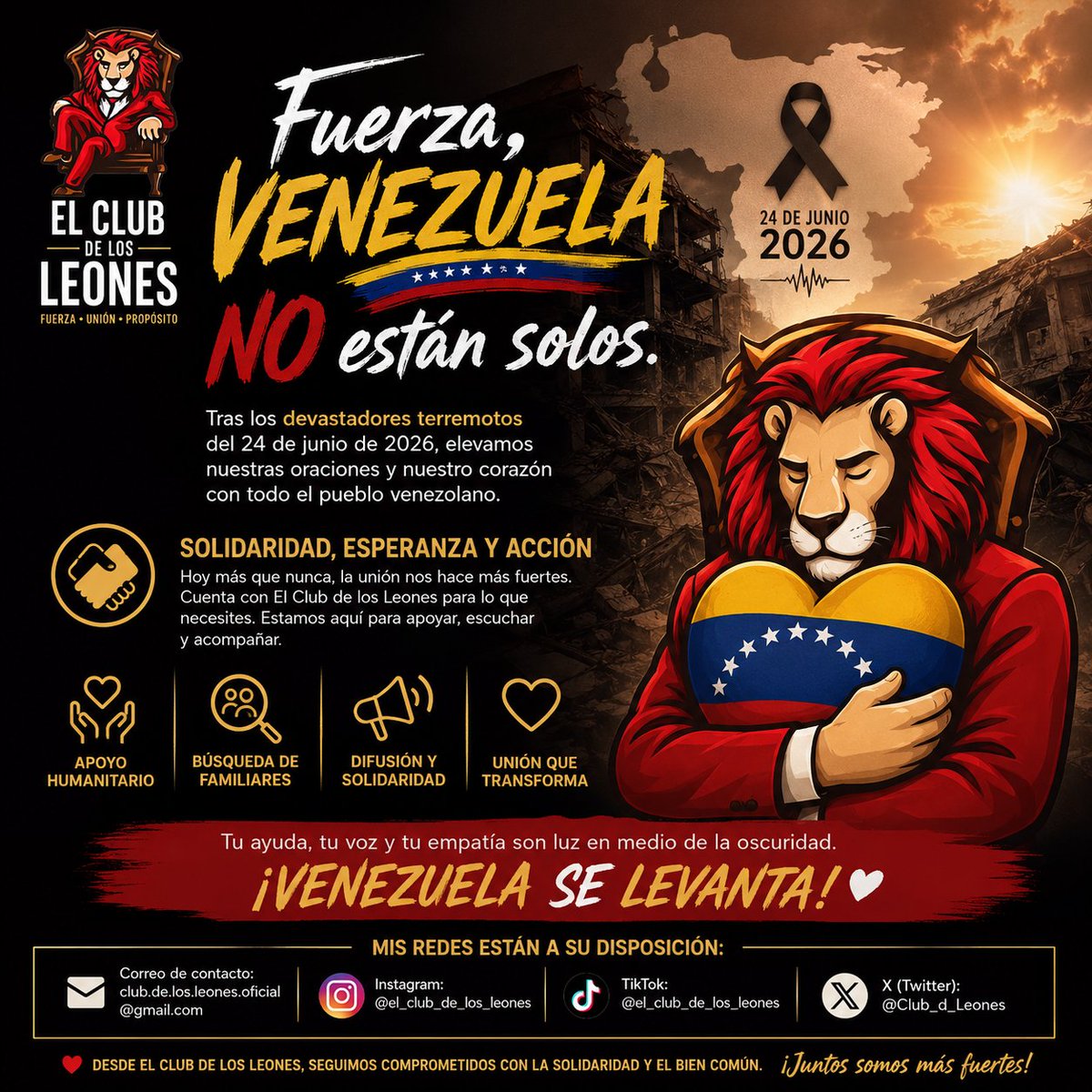 Club_d_Leones's tweet photo. 🇻🇪 Querida Venezuela: 

Quiero enviar un mensaje de solidaridad y esperanza para todo el pueblo venezolano tras los devastadores terremotos del 24 de junio de 2026. Fuerza, Venezuela NO están solos.

Si puedo ayudar de alguna forma mis redes están a su disposición. https://t.co/R6OQenEmgI