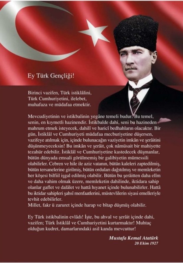 vatan9007's tweet photo. Unutmamanız gereken tek birşey var....
👇
ATATÜRK'ÜN 
GENÇLİĞE HİTABESİ....
DUVAR SÜSÜ Değil....
ERKEN UYARI SİSTEMİDİR‼️
👇
(Dahada gecikmeden ve unutmadan)
👇👇👇 https://t.co/NiYa565pbY