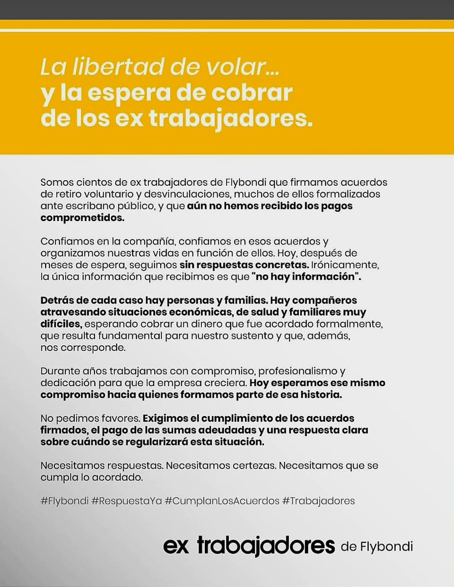 norbertodupesso's tweet photo. Flybondi no está pagando a los ex empleados lo acordado ante escribano por retiro voluntario y desvinculaciones. https://t.co/OWGdqWfSBS